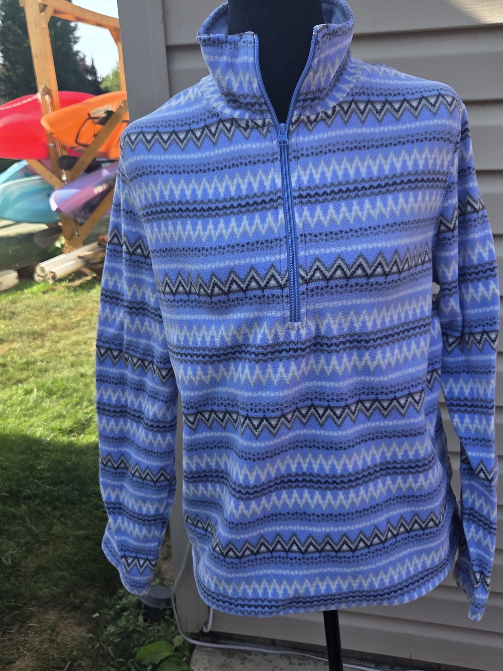 EXERTEK Fleece Pullover Womens Petite Large Blue Fair Isle Geometric 1/4 Zip PL